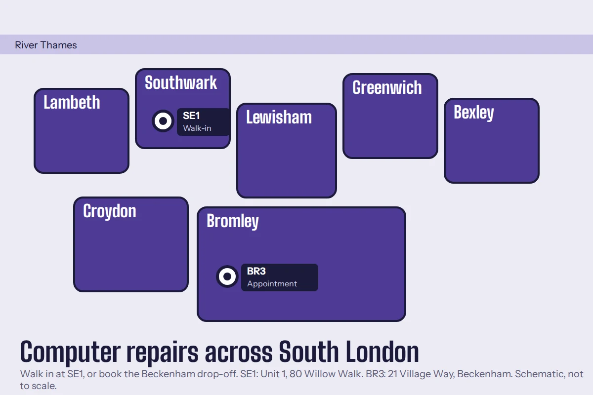 Map of the South London boroughs covered by Creative IT, with the SE1 walk-in centre and Beckenham drop-off